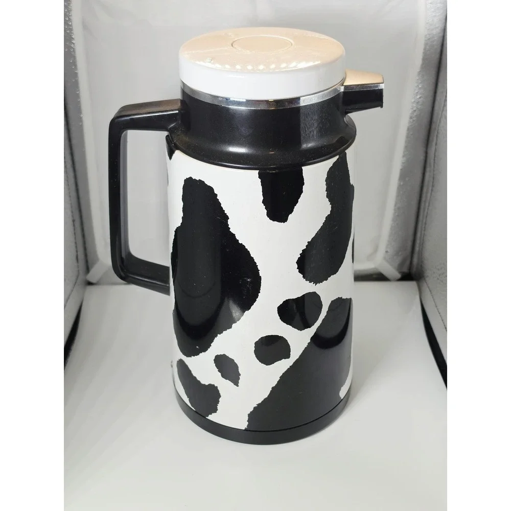 Vintage A.K. Das Cow Print Thermal Coffee Carafe Thermos Pitcher Taiwan Black